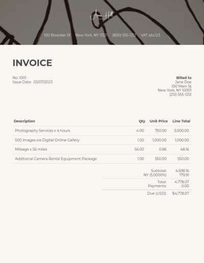 Photography invoice