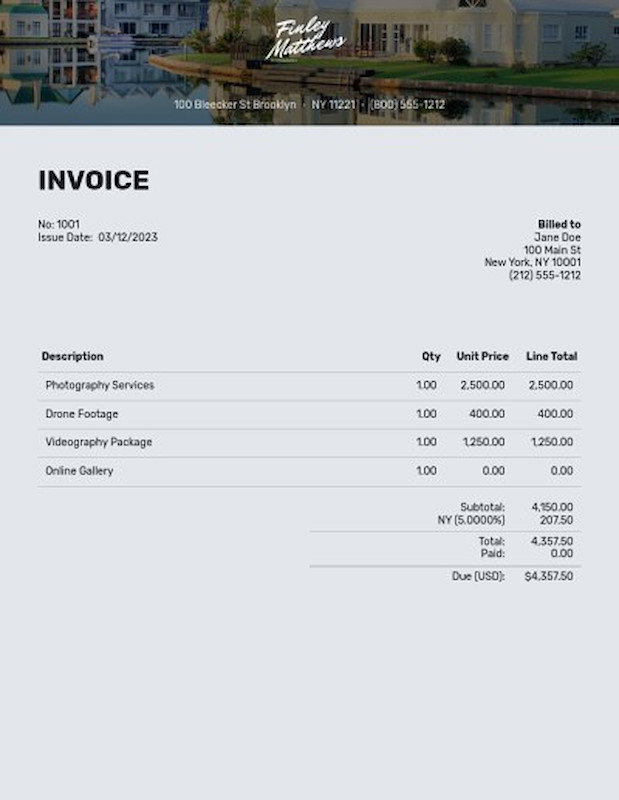 Real estate photography invoice