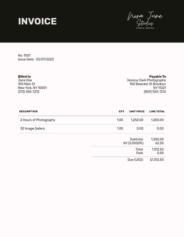 Photo shoot invoice template